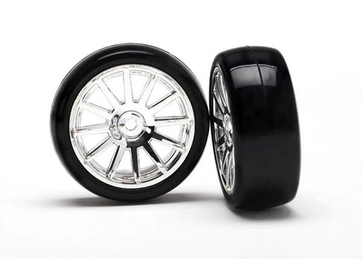 Traxxas 7573 - Tires & Wheels Assembled Glued (12-Spoke Chrome Wheels slick tires) (2) (769135214641)