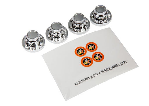 Traxxas 8164 Center caps wheel (chrome) (4)/ decal sheet (requires #8255A extended stub axle) (7650718351597)