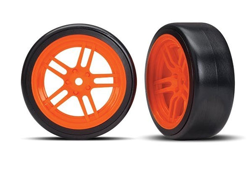 Traxxas 8376A - Tires and wheels assembled glued (split-spoke orange wheels 1.9" Drift tires) (front) (769287225393)