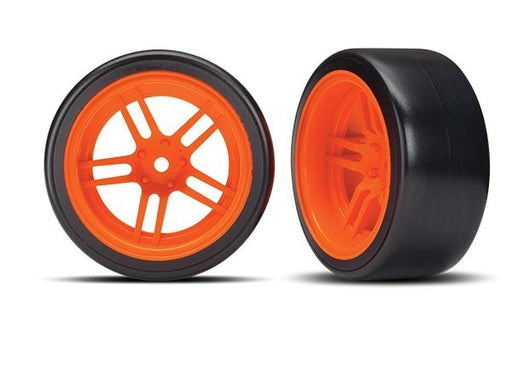 Traxxas 8377A - Tires and wheels assembled glued (split-spoke orange wheels 1.9" Drift tires) (rear) (769287356465)