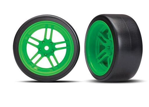 Traxxas 8377G - Tires and wheels assembled glued (split-spoke green wheels 1.9" Drift tires) (rear) (769287422001)