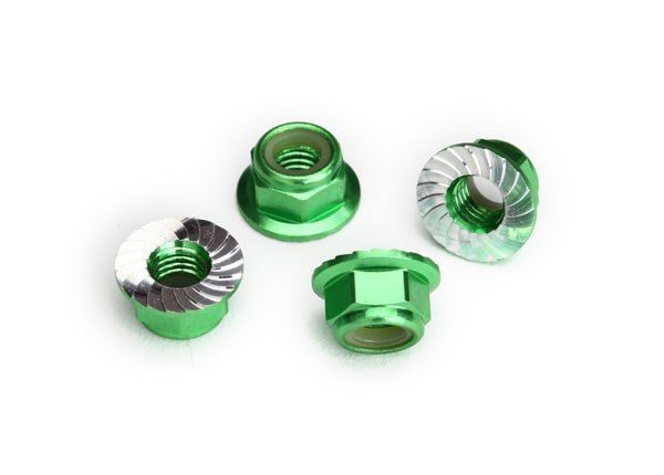 Traxxas 8447G - Nuts 5Mm Flanged Nylon Locking (Aluminum Green-Anodized Serrated) (4) (789141782577)