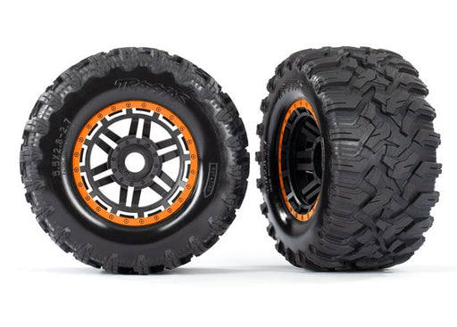 Traxxas 8972T Black/Orange beadlock style wheels Maxx MT tires foam inserts) (2) (7637929230573)