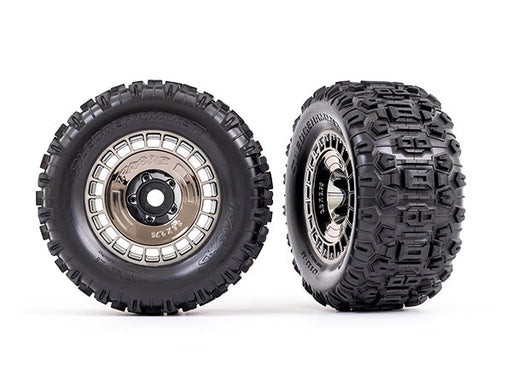 Traxxas 9572T Tires and wheels assembled glued (3.8' black chrome wheels Sledgehammer tires) (2) (8120442159341)