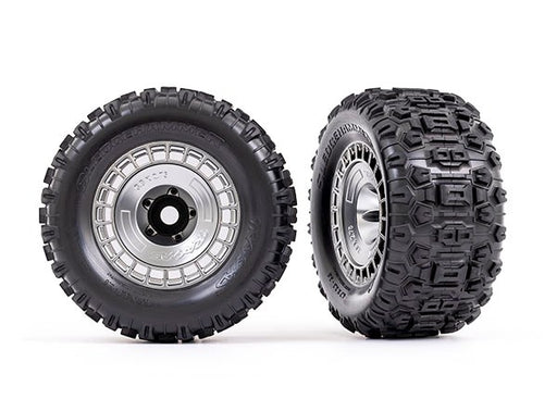 Traxxas 9572X Tires and wheels assembled glued (3.8' satin chrome wheels Sledgehammer tires) (2) (8120442192109)