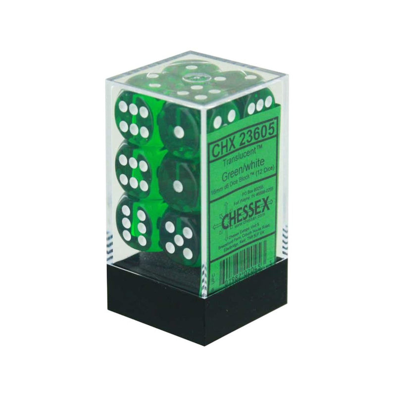 Chessex 23605 Translucent 16mm d6 Green/white Dice Block (12 dice) (9003712119021)