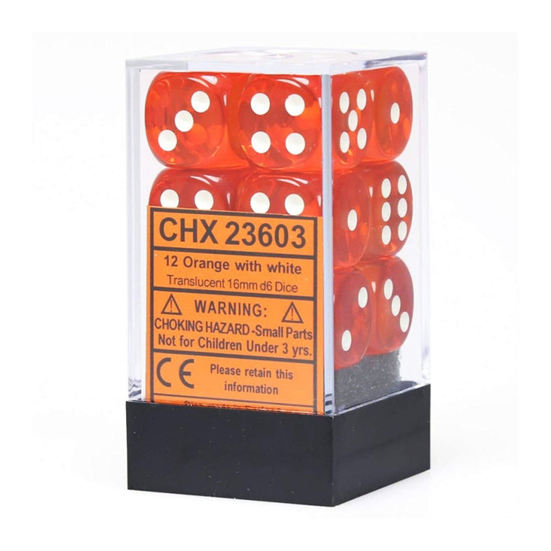 Chessex 23603 Translucent 16mm d6 Orange/white Dice Block (12 dice) (9003711987949)