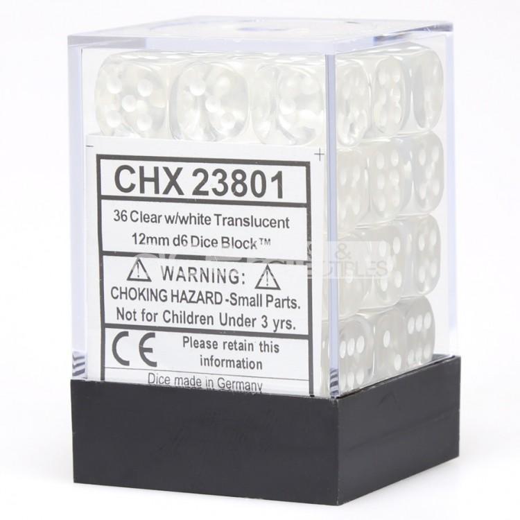 Chessex 23801 Translucent 12mm d6 Clear/white Dice Block (36 dice) (9003712807149)