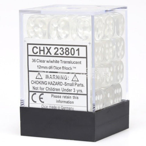 Chessex 23801 Translucent 12mm d6 Clear/white Dice Block (36 dice) (9003712807149)