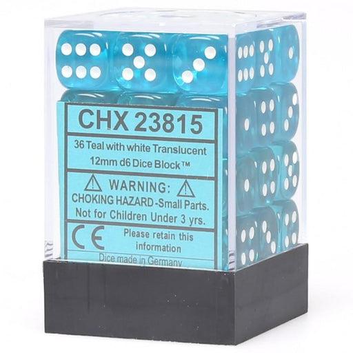 Chessex 23815 Translucent 12mm d6 Teal/white Dice Block (36 dice) (9003855675629)