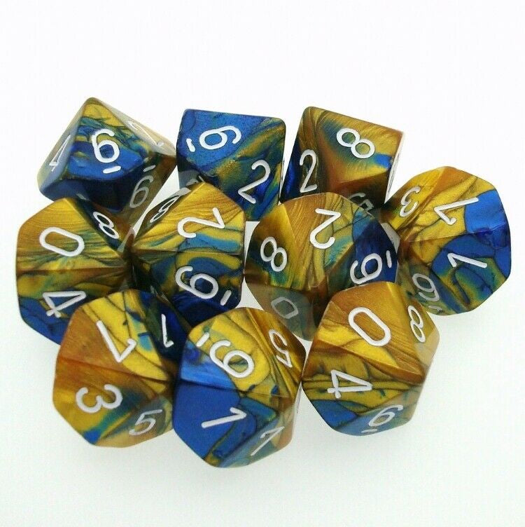 Chessex 26222 Gemini Blue-Gold/white Set of Ten d10s (9003724243181)