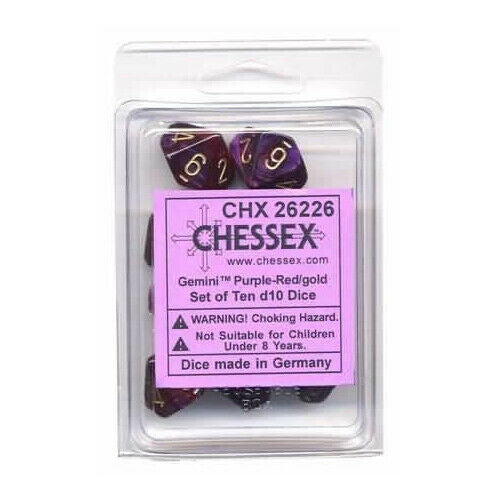 Chessex 26226 Gemini Purple-Red/gold Set of Ten d10s (9003724472557)