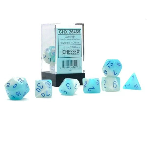 Chessex 26465 Gemini Polyhedral Pearl Turquoise-White/blue Luminary 7-Die set (9003745870061)
