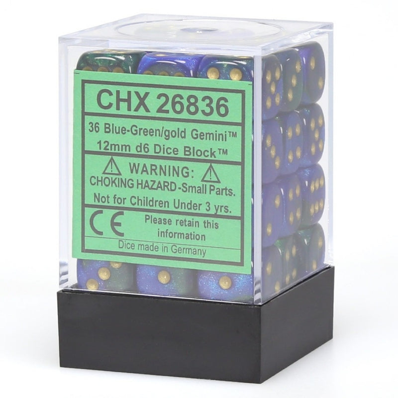 Chessex 26836 Gemini 12mm d6 Blue-Green/gold Dice Block (36 dice) (9003729125613)