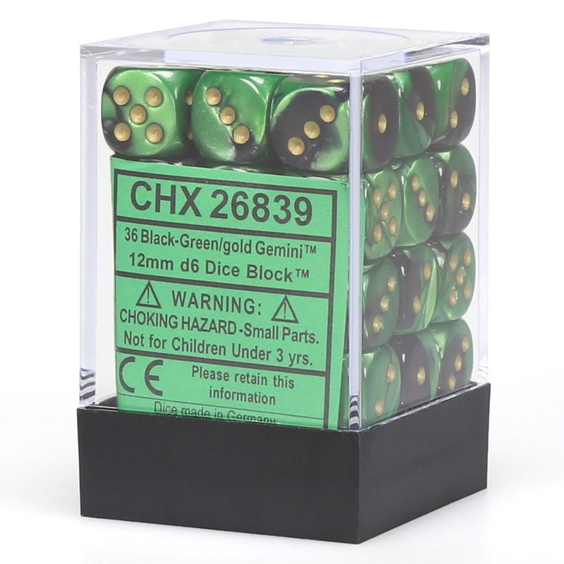 Chessex 26839 Gemini 12mm d6 Black-Green/gold Dice Block (36 dice) (9003729191149)