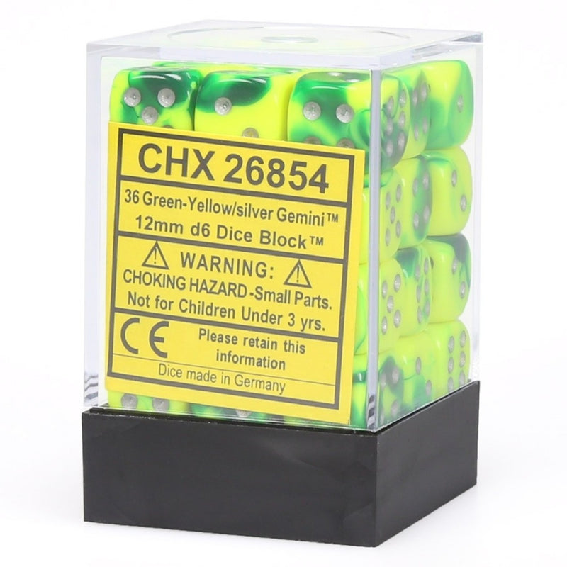 Chessex 26854 Gemini 12mm d6 Green-Yellow/silver Dice Block (36 dice) (9003729518829)