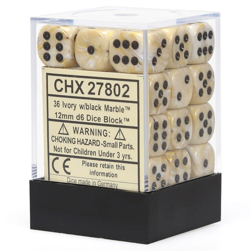 Chessex 27802 Marble 12mm d6 Ivory/black Dice Block (36 dice) (9003738988781)
