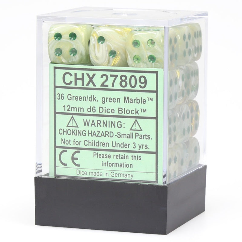 Chessex 27809 Marble 12mm d6 Green/dark green Dice Block (36 dice) (9003739218157)