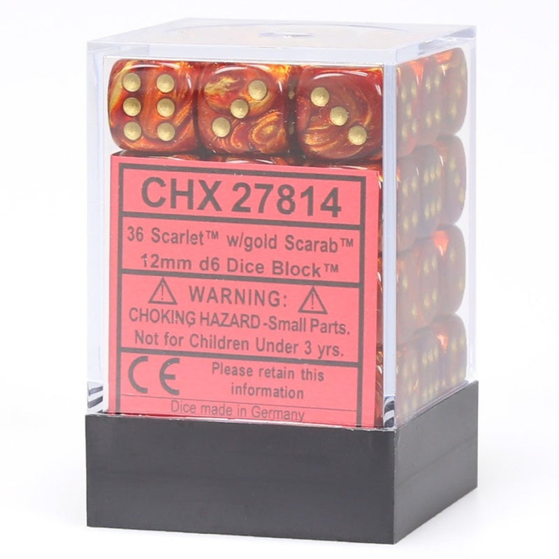 Chessex 27814 Scarab 12mm d6 Scarlet/gold Dice Block (36 dice) (9003739349229)