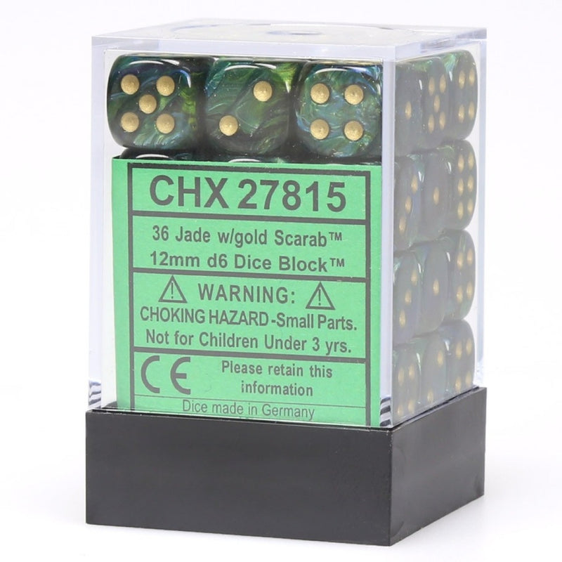 Chessex 27815 Scarab 12mm d6 Jade/gold Dice Block (36 dice) (9003739381997)