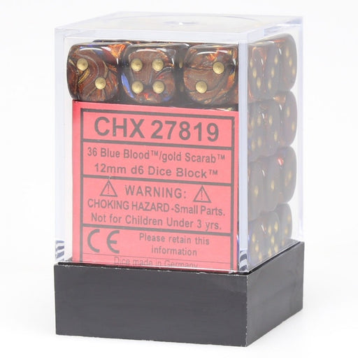 Chessex 27819 Scarab 12mm d6 Blue Blood/gold Dice Block (36 dice) (9003739578605)