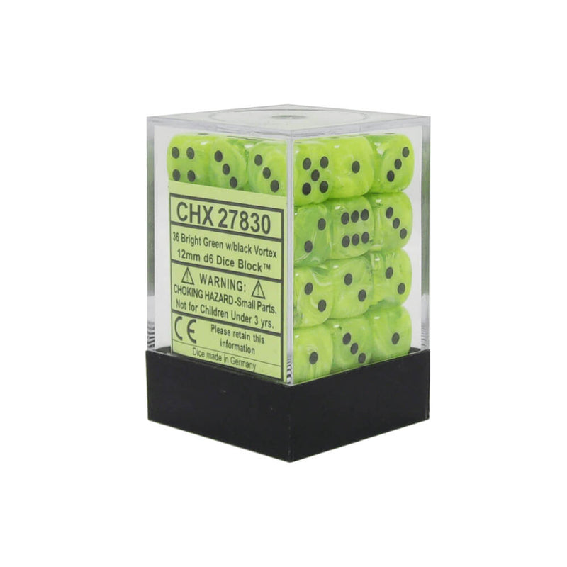 Chessex 27830 Vortex 12mm d6 Bright Green/black Dice Block (36 dice) (9003875074285)