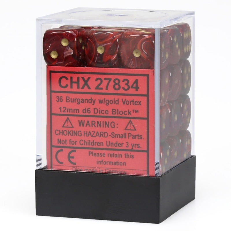 Chessex 27834 Vortex 12mm d6 Burgundy/gold Dice Block (36 dice) (9003739676909)