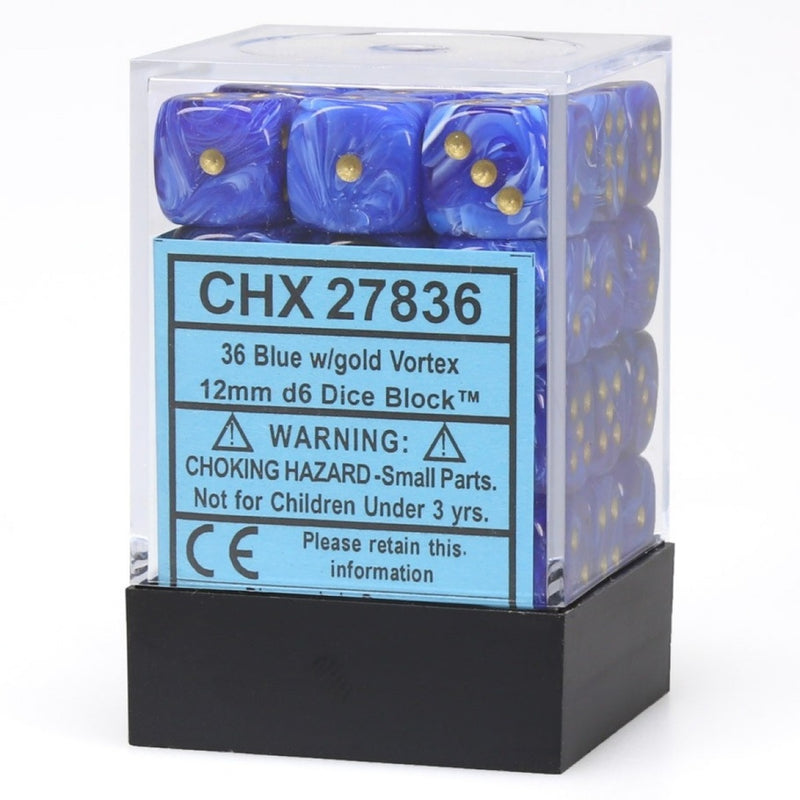 Chessex 27836 Vortex 12mm d6 Blue/gold Dice Block (36 dice) (9003739939053)