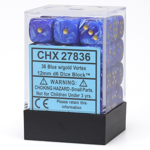 Chessex 27836 Vortex 12mm d6 Blue/gold Dice Block (36 dice) (9003739939053)