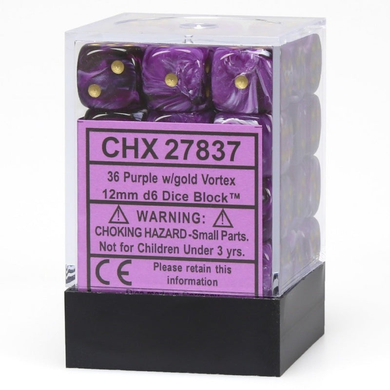 Chessex 27837 Vortex 12mm d6 Purple/gold Dice Block (36 dice) (9003740037357)