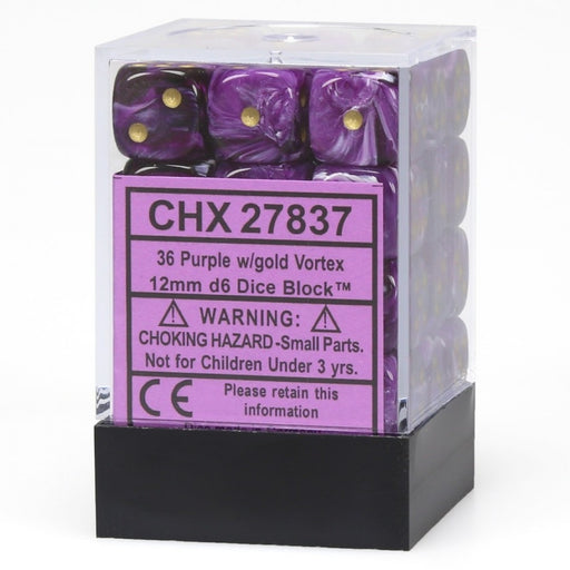Chessex 27837 Vortex 12mm d6 Purple/gold Dice Block (36 dice) (9003740037357)