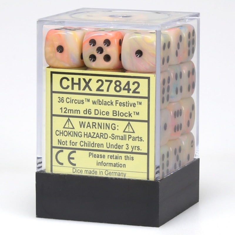 Chessex 27842 Festive 12mm d6 Circus/black Dice Block (36 dice) (9003740102893)