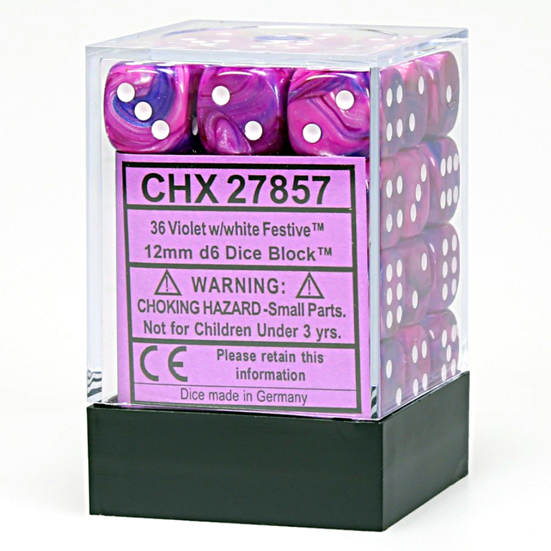 Chessex 27857 Festive 12mm d6 Violet/white Dice Block (36 dice) (9003740299501)