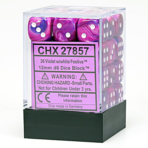Chessex 27857 Festive 12mm d6 Violet/white Dice Block (36 dice) (9003740299501)