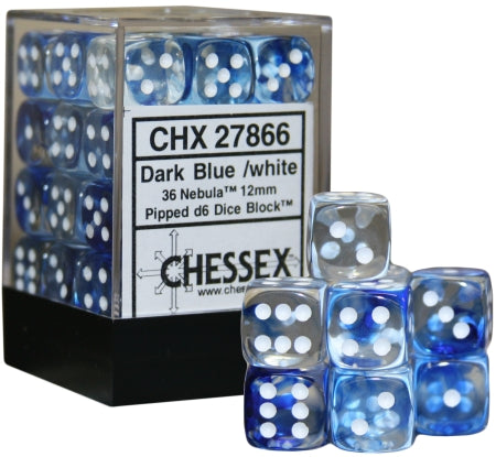 Chessex 27866 Nebula 12mm d6 Dark Blue/white Dice Block (36 dice) (9003740397805)