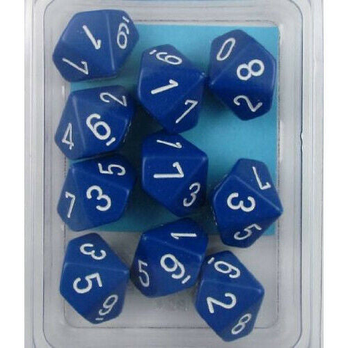 Chessex 26206 Opaque Blue/white Set of Ten d10s (9003723882733)
