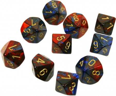 Chessex 26229 Gemini Blue-Red/gold Set of Ten d10s (9003724603629)