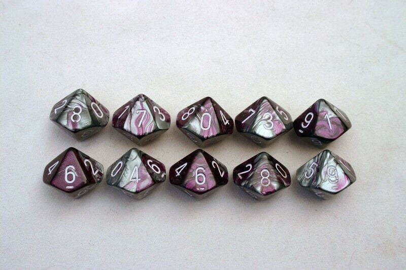 Chessex 26232 Gemini Purple-Steel/white Set of Ten d10s (9003724767469)