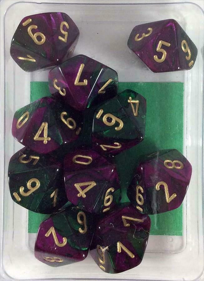 Chessex 26234 Gemini Green-Purple/gold Set of Ten d10s (9003724898541)
