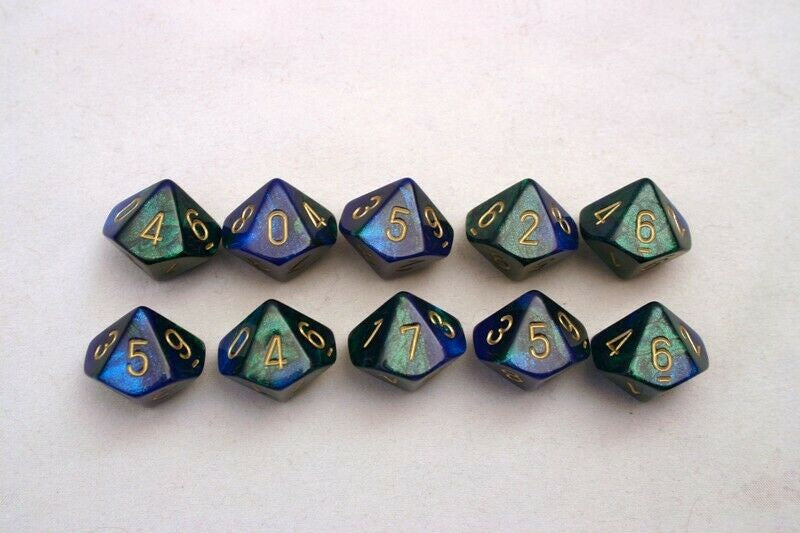 Chessex 26236 Gemini Blue-Green/gold Set of Ten d10s (9003724996845)