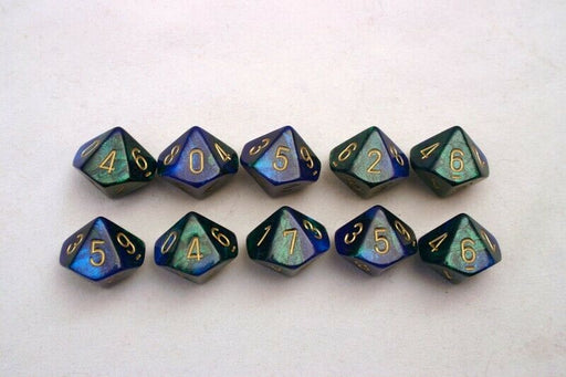 Chessex 26236 Gemini Blue-Green/gold Set of Ten d10s (9003724996845)