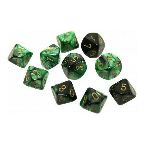 Chessex 26239 Gemini Black-Green/gold Set of Ten d10s (9003725095149)