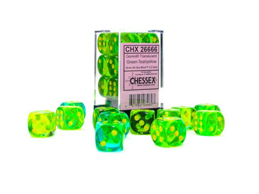 Chessex 26666 Gemini 16mm d6 Translucent Green-Teal/yellow Dice Block (9003746296045)