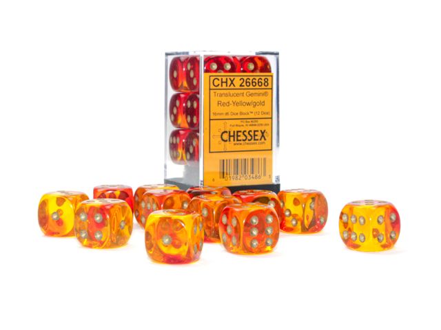 Chessex 26668 Gemini 16mm d6 Translucent Red-Yellow/gold Dice Block (9003747475693)