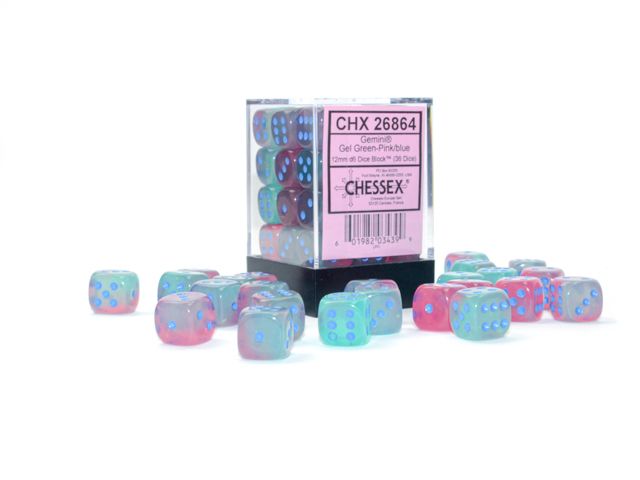 Chessex 26864 Gemini 12mm d6 Gel Green-Pink/blue Luminary Dice Block (9003745804525)