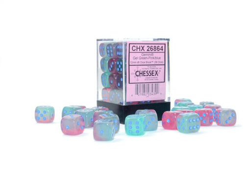 Chessex 26864 Gemini 12mm d6 Gel Green-Pink/blue Luminary Dice Block (9003745804525)