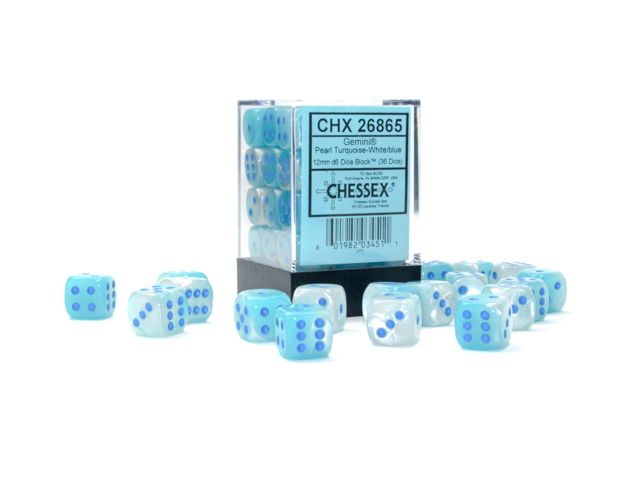 Chessex 26865 Gemini 12mm d6 Pearl Turquoise-White/blue Luminary Dice Block (9003746066669)