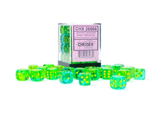 Chessex 26866 Gemini 12mm d6 Translucent Green-Teal/yellow Dice Block (9003746459885)