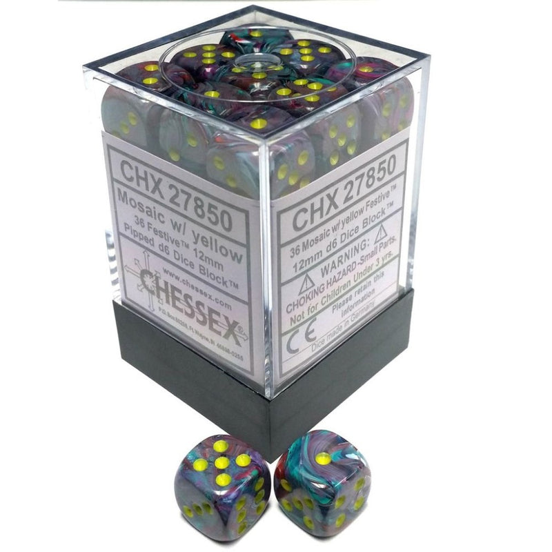 Chessex 27850 Festive 12mm d6 Mosaic/yellow Dice Block (36 dice) (9003740233965)