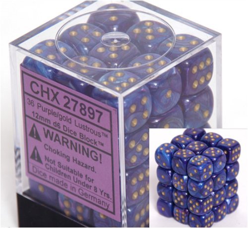 Chessex 27897 Lustrous 12mm d6 Purple/gold Dice Block (36 dice) (9003740791021)